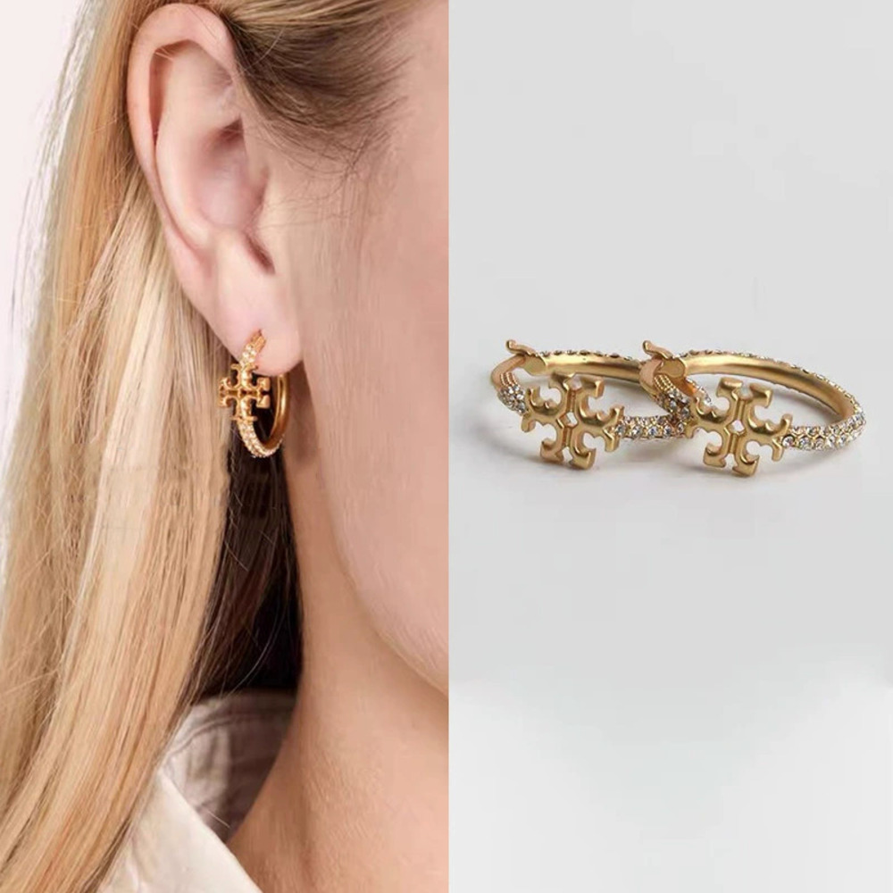 Tory Burch Gold Plated Double Pave Hoop and Cross Stud Earrings Set